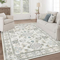 Beige and Sage Green 6x9 Washable Area Rug - Vintage Persian Boho Style