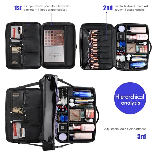 Relavel Extra Large Makeup Case, Makeup Artist Set Bag Professional Cosmetic Organizer Bag Storage Box with Makeup Brush Holder, Adjustable Dividers and Shoulder Strap, Black