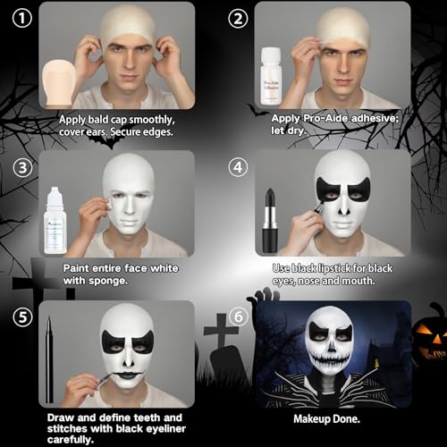 Mysense Skeleton Boy and Ragdoll Girl Makeup Kit for Halloween Jack Cosplay Sally Costume for Adults&Kids with Bald Cap,Pro-Aide Adhesive,Face Paint,Eyeliner,Lipstick&Applicators