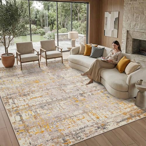 8x10 Beige Gold Modern Abstract Washable Rug for Living Room - Rugxara