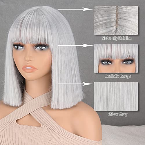 MERISIHAIR Silver Gray Short Bob Wig with Bangs for Women - Straight, Realistic Synthetic Hair, 11-inch Style