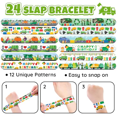 96 PCS Garbage Truck Party Favors Set ? 72 Pre-Cut Temporary Tattoos & 24 Slap Bracelets for Kids, Sanitation Truck Birthday Supplies, Recycle-Themed Classroom Rewards