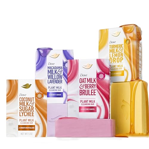 Dove Plant Milk Cleansing Bar Soap Variety Pack with Turmeric Milk & Lemon Drop Glow Booster 4 Count 5 oz Bars for Moisturized Skin