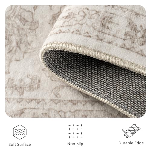 Yarooge 8x10 Light Brown Washable Vintage Floral Rug - Non-Slip Low Pile Carpet for Living Room & Bedroom