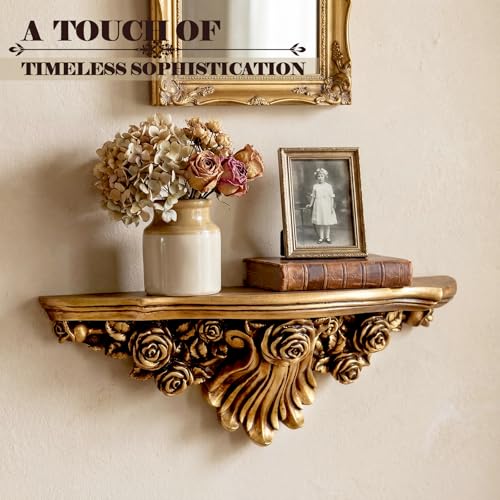 Pinkunn Vintage Floating Wall Shelf Antique Gold Classic French Fleur-de-lis, 17-Inch Ledge