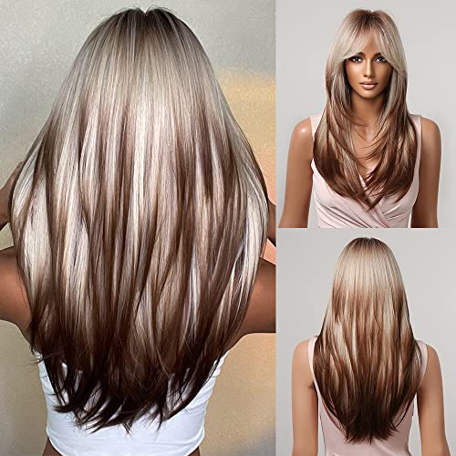 Allbell Blonde Brown Ombre Long Straight Wig with Bangs for Women - 24 Inch, Heat-Resistant Synthetic Hair