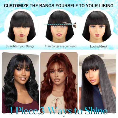 20 Inch Body Wave Human Hair Wig with Bangs - Natural Black, Lace Front, Glueless, Brazilian Virgin Hair