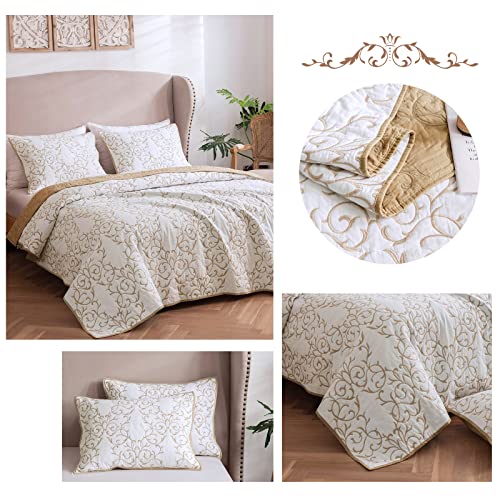 King Size Reversible Quilt Set with Embroidery - Beige Bedding with 2 Pillow Shams