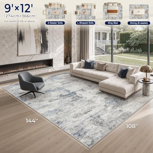 9x12 Grey Blue Washable Abstract Area Rug for Living Room - Non Slip, Ultra Thin, Easy Care