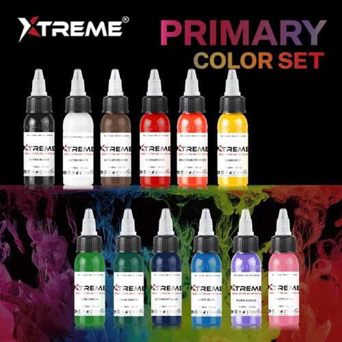 Xtreme Inks Primary Color Set 12-Pack - 0.5 oz Vegan Tattoo Inks for Lifelike Artwork