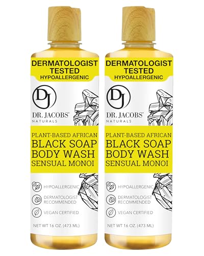 African Black Liquid Soap with Monoi Scent - All-In-One Body Wash, Shampoo & Shaving Soap | 16oz Pack of 2