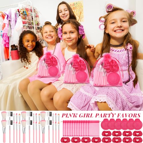 Pink Girl Party Favors Girl Makeup Party Favor Party Supplies Set Includes Pink Gauze Bags, Hair Scrunchies, Foldable Mirror Hair Brushes, Makeup Brushes Toys(96 Pcs)