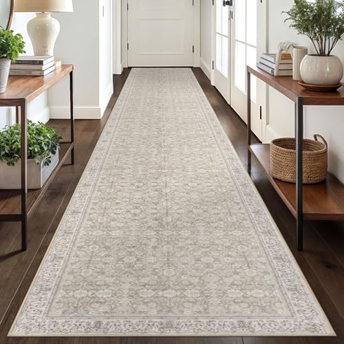 SIILOOM 2.6x18 ft Washable Non Slip Area Rug for Hallway & Kitchen - Cream/Beige/Yellow/White/Grey, Vintage Floral Pattern