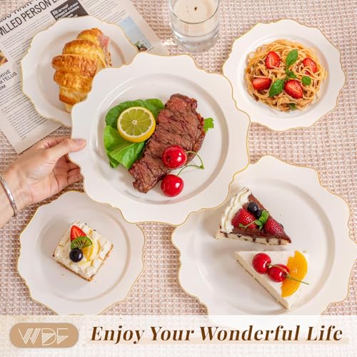 Ivory Plastic Plates with Gold Rim - 200pcs Disposable Dinner & Dessert Plates - Variation of Ivory / 200