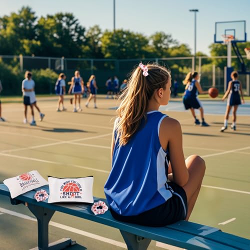 12 Pcs Basketball Makeup Bag & 12 PCS Sport Elastic Scrunchies Gifts Stuff Set Portable Travel Cosmetic Bags with Zipper Elastic Hair Bands Basketball Accessories for Girls (White)