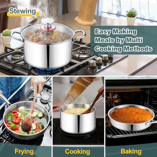Stainless Steel Cookware Set of 10 - 6 Pots & Pans for All Stoves