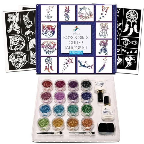 Blue Glitter Temporary Tattoo Kit for Kids & Teens with 74 Stencils & Body Glue