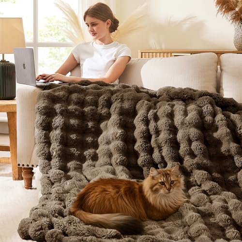 Faux Rabbit Fur Throw Blanket - 90x90 Inches, Cocoa Brown, Reversible & Ultra Soft