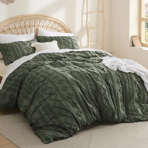 Boho King Duvet Cover Set - Olive Green Tufted Embroidery 3-Piece, Elegant Variation 02