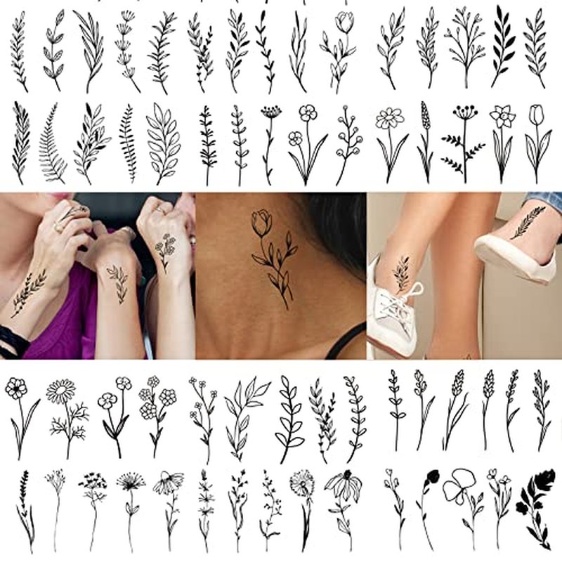 18 Sheets Realistic Temporary Tattoo, Tiny Branch Black Flower Temporary Tattoos for Women Girls Kids, Bouquet Small Tattoo Temporary Sticker Wild Plant Floral Fake Tattoos