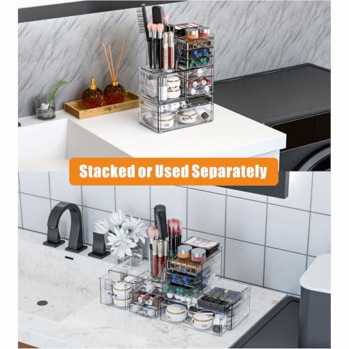 SuoXing 3 Pack Clear Acrylic Makeup Organizer for Vanity With 9 Drawer, Skincare Organizers Countertop With Make up Brush Holder,Bathroom Make up Drawer Storage for Beauty,Hair Accessories Organizer | Cute, with Brush Holder, Lipstick