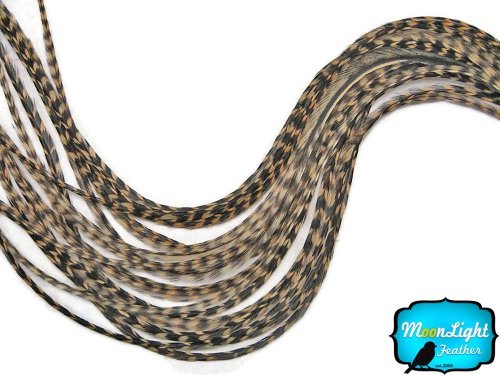 Hair Extension Feathers, Rooster Feathers - Tan Thin Long Grizzly Rooster Hair Extension Feather & Silicon Bead