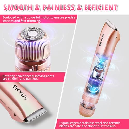 Bikini Trimmer for Women, SKYUV 2 in 1 Electric Razors Bikini Shaver, IPX7 Waterproof & Easy Cleaning, Ceramic Blade, USB Recharge, Cordless Body Hair Trimmer, Facial & Pubic Hair Removal