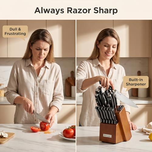 McCook 15-Piece Kitchen Knife Set with Built-In Sharpener - Black/Walnut