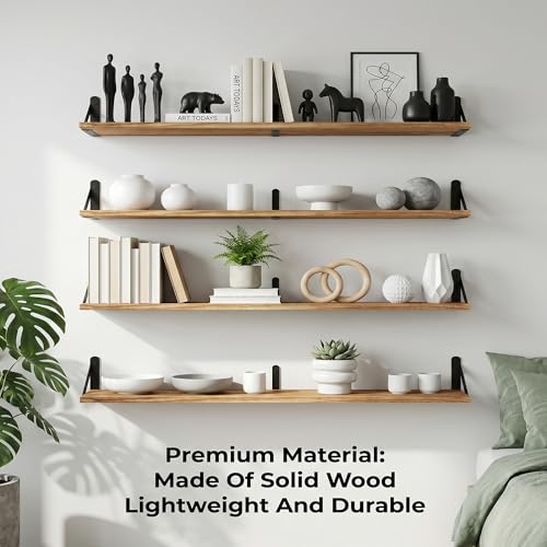 47 Inch Set of 4 Long Floating Wall Shelves - Black Wood Book Storage