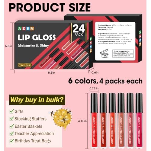 AZEN 24 Pack Lip Gloss Bulk Set, Shimmery Lip Gloss for Women and Girls With Rich Varied Colors, Valentines Gifts Easter Basket Stuffers