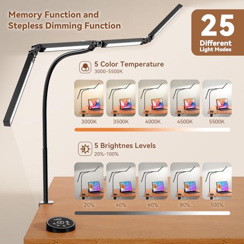 Pzloz Dark Black LED Desk Lamp with Clamp, 4 Adjustable Heads, Dimmable & Remote Control