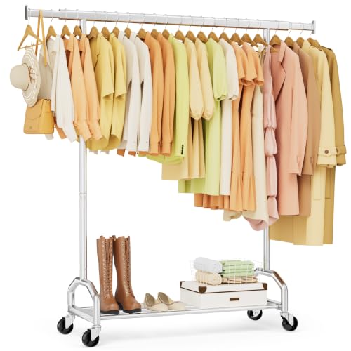 SpaceHidden 65-Inch Chrome Heavy Duty Rolling Clothes Rack, Supports 380 lbs