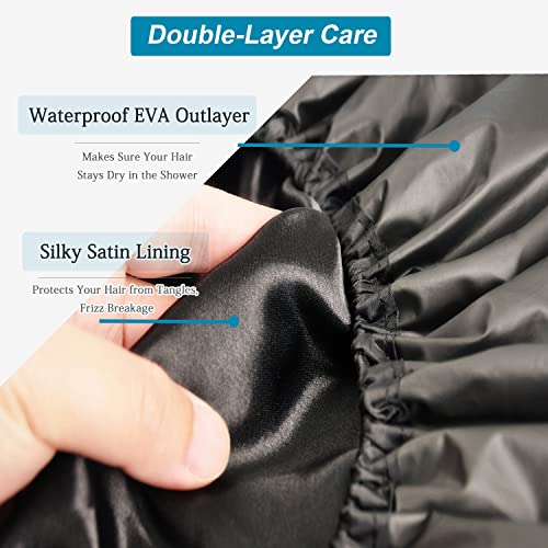 2X-Large Satin Lined Shower Cap for Long Hair & Braids - Waterproof Edge, Extra Large, Black