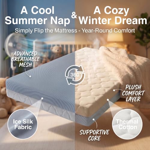 Pack and Play Mattress - Dual Sided Memory Foam, 38x26x3 Inch, Gray & White