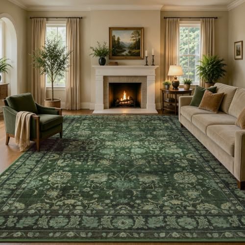 Green 9x12 Area Rug - Washable Non-Slip Vintage Floral Design for Living Room