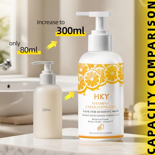 HKY Vitamin C Exfoliating Gel for Face & Body (10.14 fl oz) - Brightening Orange Peeling Gel with Niacinamide, Salicylic Acid & Centella - Gentle Dead Skin Remover Scrub for Smooth, Glowing Skin