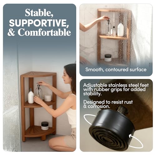 12-Inch Teak Corner Shower Shelf Stand with 3 Tiers - Waterproof Bathroom Organizer