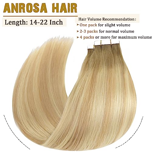 Anrosa Blonde Tape-In Human Hair Extensions Seamless 14 Inch - Light Brown to Platinum Blonde
