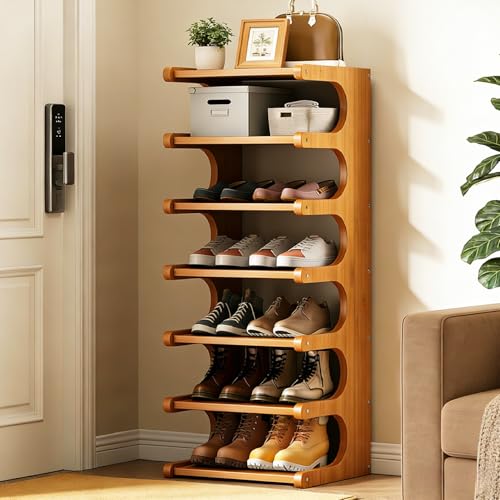 Brown 39-Inch Bamboo Shoe Rack - Vertical Narrow Shoe Organizer for Small Spaces