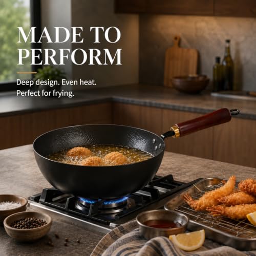 11-Inch Carbon Steel Wok with Flat Bottom & Detachable Handle – Deep Frying Pan for All Cooktops
