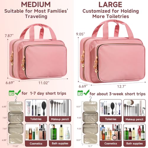 Travel Toiletry Bag for Women - Pink Medium Waterproof Hanging Organizer