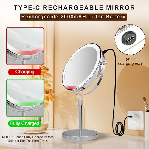 JANEEVA 10X Lighted Makeup Mirror with 3 Lighting Modes, 8" Dimmable Lights Height Adjustable Vanity Mirror with Lights, Rechargeable Double Sided 1X 10X Magnifying Mirror, 360¡ÆRotation,Chrome