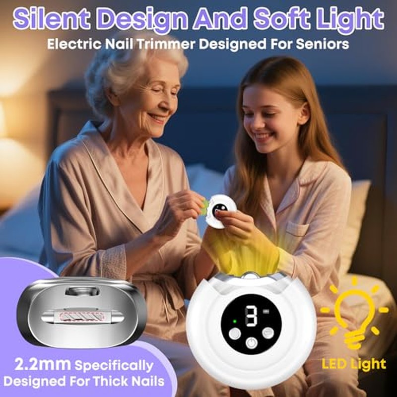 3-in-1 Electric Nail Clipper for Adults & Seniors, 3 Speeds Automatic Nail Clipper & Trimmer with LED Light 360¡Æ Rotating Fingernail Clipper with Polisher Rechargeable Electric Nail File