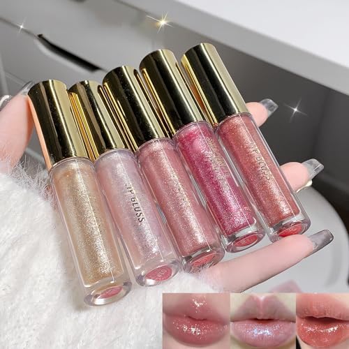 Petansy Shimmery Glitter Moisturizing Lip Gloss Nourishing Lipstick Set 5 Colors Lip Plumper Lip Gloss Hydrating Lip Glow Oil Shiny Glitter Sparkly Glossy Set