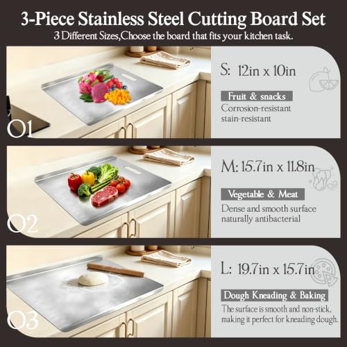 Stainless Steel Cutting Board Set with Lip - 3 Sizes for Kitchen Food Prep