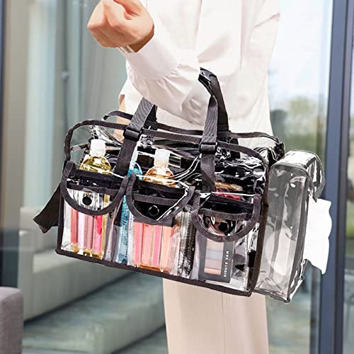 Enkrio Clear Cosmetics Bag Transparent Travel Makeup Bag with 4 External Pockets and Shoulder Strap Zippered Toiletry Carry Pouch Beach Bag