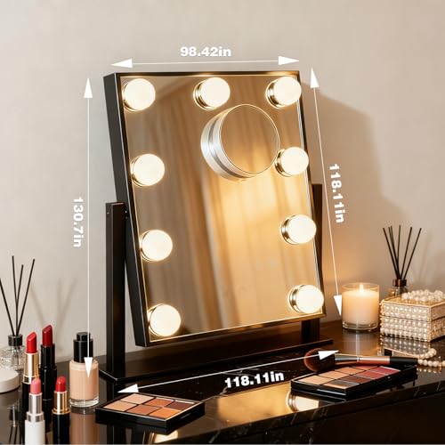Vanity Mirror with Lights, Lighted Vanity Mirror with 9 Dimmable Bulbs for Dressing Room & Bedroom, 3 Color Lighting Modes, Detachable 10x Magnification 360¡ÆRatation (Black)