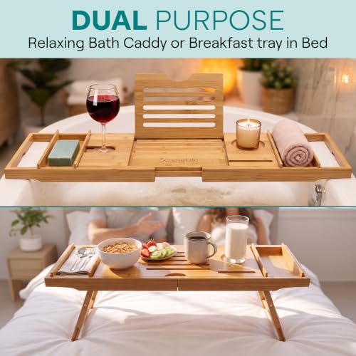 Bamboo Bath Caddy Tray for Tub & Bed with Adjustable Arms, Waterproof, Wine & Soap Holder