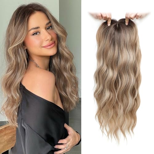Light Brown Blonde Highlights Hair Topper 20 Inch Wavy Curly for Thinning Hair