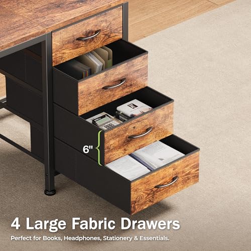 PRAISUN Rustic Brown 55 Inch Computer Desk with USB-C & Power Outlets, Reversible Gaming & Workstation with 4 Fabric Drawers